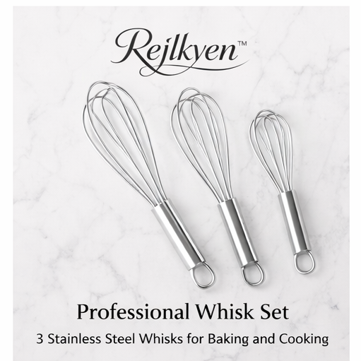 Rejlkyen™ Professional Whisk Set – 3 Stainless Steel Whisks for Baking and Cooking